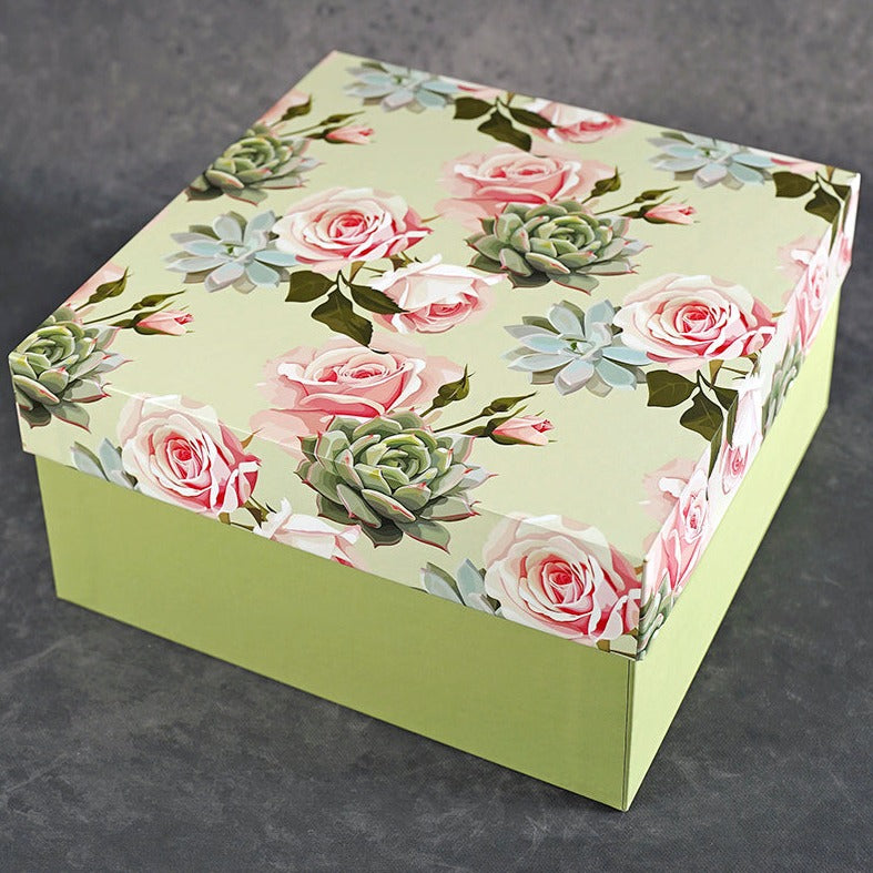 Roses & Succulents Design Tall Square Gift Box (Classic Collection)